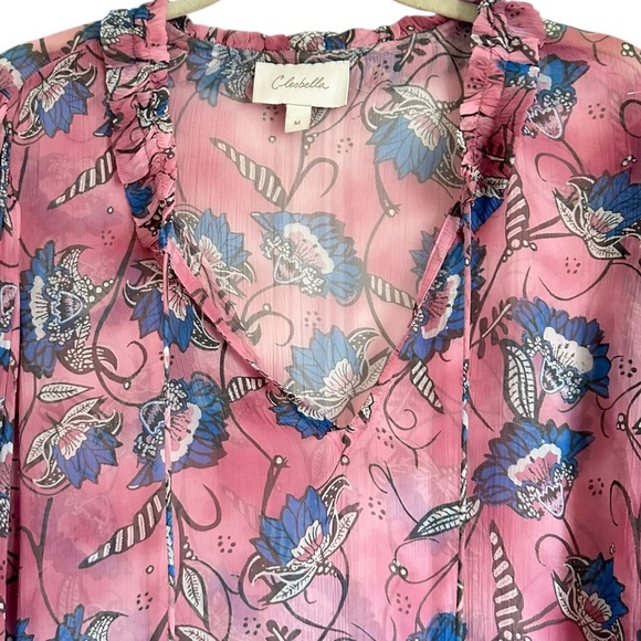 CLEOBELLA EMILY LOTUS PRINTED CHIFFON TIE NECK PINK BLOUSE SIZE MEDIUM - Picture 6 of 14